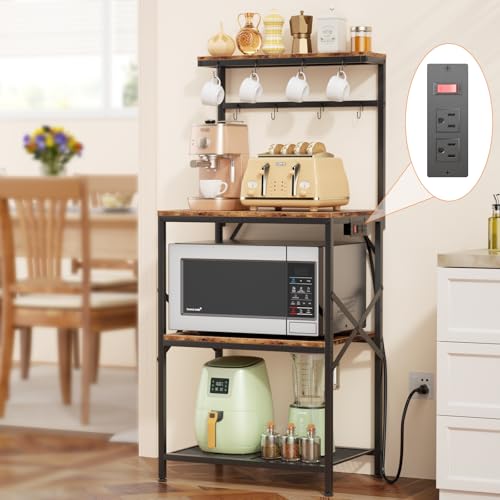 Kitchen Bakers Rack with Power Outlet, Small Coffee Bar Cart 4 Tiers, Microwave Stand Station with 8 S Hooks, Adjustable Shelf,