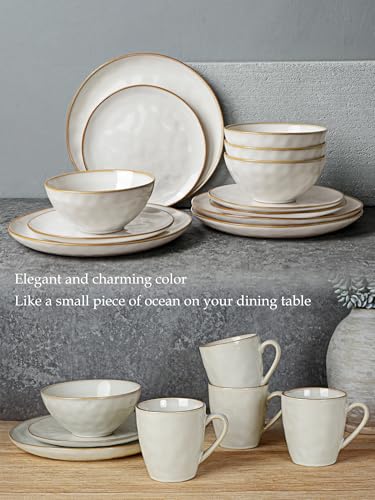 Dinnerware Sets for 4, Ocean Round 12-Piece Kitchen Plates and Bowls Sets, Reactive Glaze, Microwave and Dishwasher Safe,