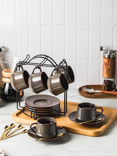 Espresso Cups 4 Oz, Porcelain Coffee Cups Set of 6 Espresso Cup with Saucers, Meatal Stand, and Stir Spoons, Brown Expresso