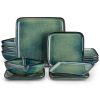 Stern Green Dinner Set Square Reactive Glaze Tableware 12 Pieces Kitchen Dinnerware Stoneware Crockery Set with Dinner Plate,
