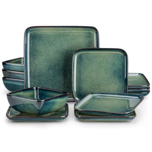 Stern Green Dinner Set Square Reactive Glaze Tableware 12 Pieces Kitchen Dinnerware Stoneware Crockery Set with Dinner Plate,