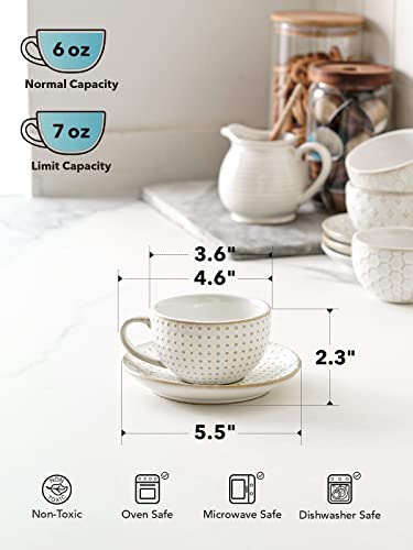 Cappuccino Cups with Saucers 6 oz, Ceramic Embossment Coffee Cup for Au Lait, Double shot, Latte, Cafe Mocha, Tea, Dishwasher