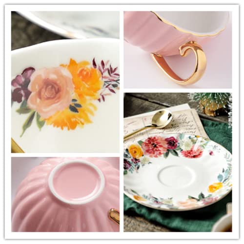 Set of 2 Tea Cup and Saucers, 8 Oz Floral Tea Cups with Gold Trim and Spoon, Porcelain British Coffee Cups, Cappuccino Espresso