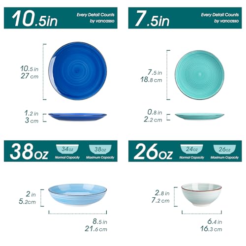 Bonita Dinnerware Set 24 Pieces Blue Stoneware Service for 6, Handpainted Spirals Pattern Stoneware Combination Set