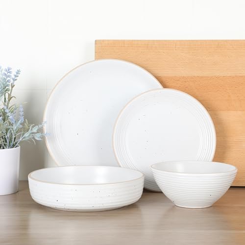 Dinah 16 Piece Double Bowl Stoneware Embossed Speckled Dinnerware Set - Matte White