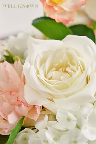 Artificial Flowers in Vase for Seasonal Decor, Mixed White Tulips & Pink Silk Fake Flowers Bouquet Arrangements in Glass Vase