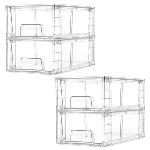 4 Pack Stackable Storage Drawers,Clear Acrylic Drawer Organizers with Handles, Easily Assemble for Fridge, Bathroom,Kitchen