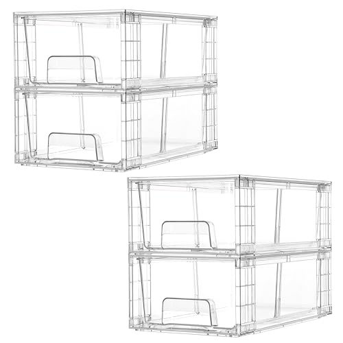 4 Pack Stackable Storage Drawers,Clear Acrylic Drawer Organizers with Handles, Easily Assemble for Fridge, Bathroom,Kitchen