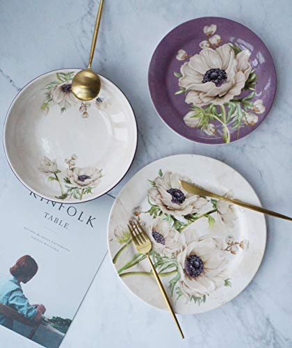 Purple Poppy Ceramic 12 pcs Dinnerware Set, Service for 4, Inclusive of 11 inch Dinner Plates, 8.75 inch Salad Plates and 35oz