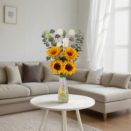 Fake Sunflowers with Hand-Painted Vase,16" Artificial Flowers in Small Ceramic Vase,Silk Flower Eucalyptus Bouquet Faux
