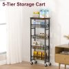 Slim Rolling Cart, 5-Tier Storage Cart, 9.1inch Narrow Kitchen Rolling Cart on Wheels for Small Space, Utility Cart Shelving