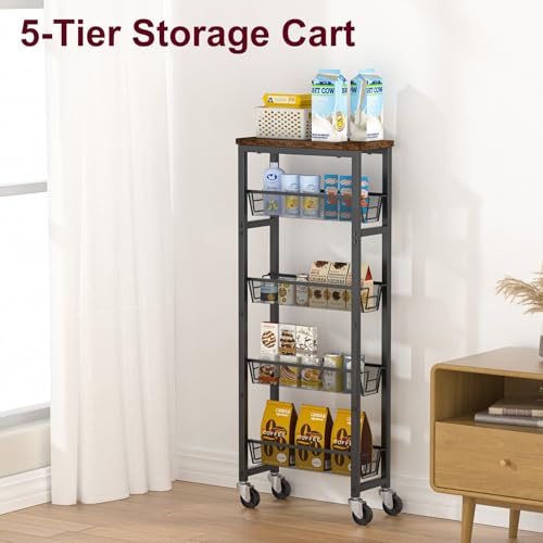 Slim Rolling Cart, 5-Tier Storage Cart, 9.1inch Narrow Kitchen Rolling Cart on Wheels for Small Space, Utility Cart Shelving