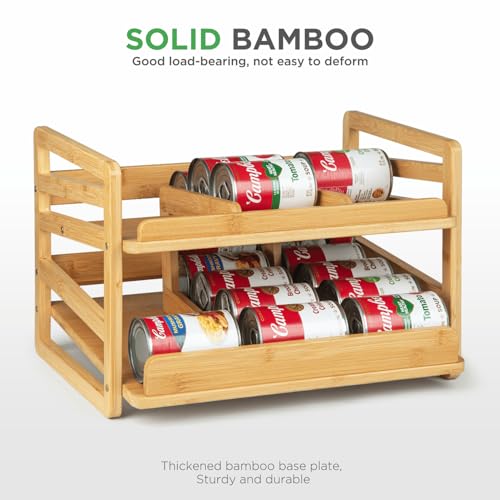 Bamboo Rolling Can Organizer Rack, Stackable 2 Tier Canned Food Organizer Rack for Storage, Kitchen Cabinet, Can Holders