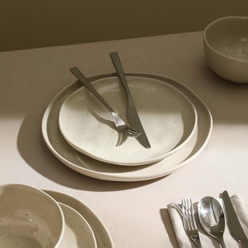 Mirella 12-Piece Stoneware Dinnerware Set, Service for 4 – Cream with Speckle, Reactive Glaze – Includes Dinner Plates, Salad