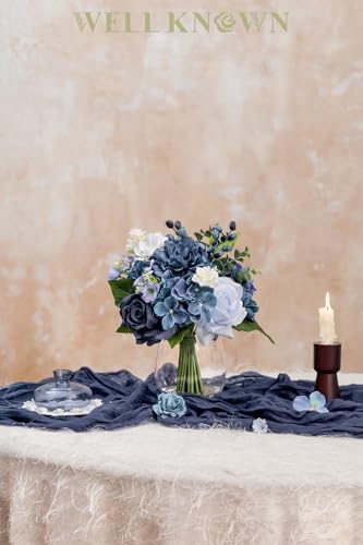 Fake Flowers in Vase with Fake Water, Realistic Faux Silk Blue Rose Hydrangea Artificial Flowers Indoor Arrangements Centerpiece
