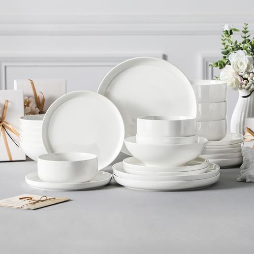 Plates and Bowls Sets, 24 Pieces Modern Porcelain Dinnerware Set for 6 Ceramic Dishware Dishes White Kitchen Dinner Dining Ware