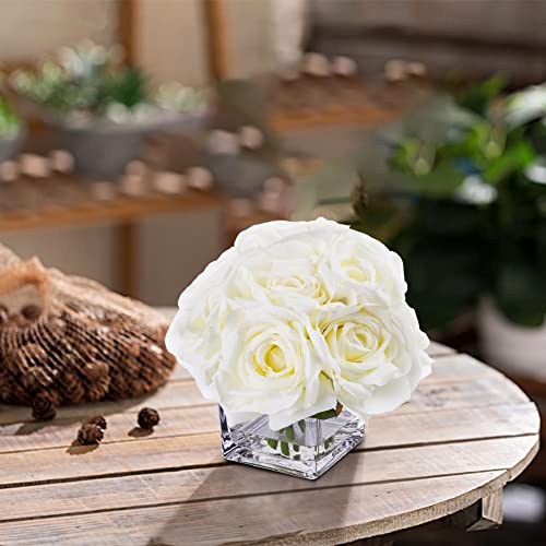 Rose Artificial Flowers in Vase, Fake Flowers Arrangements in Vase with Faux Water for Wedding, Dining Table (Cream)