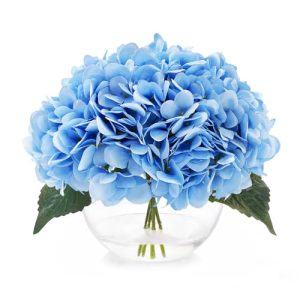 Hydrangea Fake Flowers in Vase, Silk Flowers in Vase with Faux Water for Home Decor Indoor (Blue)