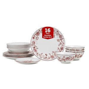 Esme 16-Piece Dinnerware Set Porcelain, Plates and Bowls Set, Dish Set for 4, Cereal and Pasta Bowls, Microwave and Dishwasher