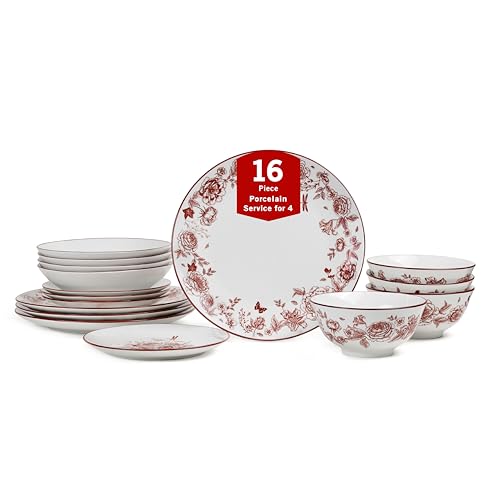 Esme 16-Piece Dinnerware Set Porcelain, Plates and Bowls Set, Dish Set for 4, Cereal and Pasta Bowls, Microwave and Dishwasher