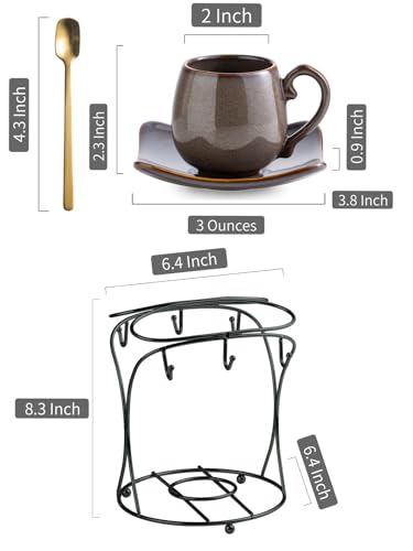 3oz Coffee Espresso Cups with Saucers Set of 6, Ceramic Small Coffee Cups with Holder and Spoons, Cute Demitasse Cups for