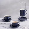 8 Ounce Porcelain Cappuccino Cups with Saucers and Silver Stand, Navy Cups Set of 4