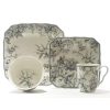Adelaide 16-Piece Square Floral Dinnerware Set – Service for 4, Grey & White Porcelain Plates & Bowls, for Everyday Dining &