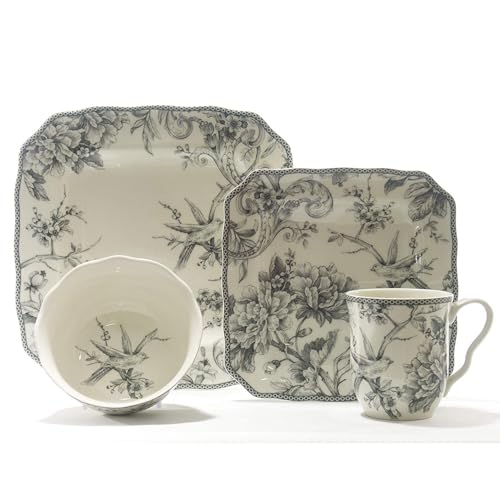 Adelaide 16-Piece Square Floral Dinnerware Set – Service for 4, Grey & White Porcelain Plates & Bowls, for Everyday Dining &