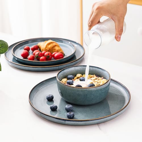 Ceramic Dinnerware Sets for 4, 12 Pieces Stoneware Plates and Bowls Sets, Reactive Glaze Dishes -Scratch Resistant,