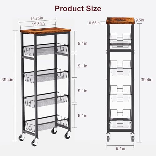 Slim Rolling Cart, 5-Tier Storage Cart, 9.1inch Narrow Kitchen Rolling Cart on Wheels for Small Space, Utility Cart Shelving