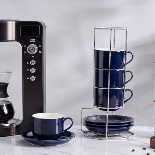 8 Ounce Porcelain Cappuccino Cups with Saucers and Silver Stand, Navy Cups Set of 4