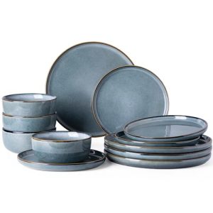 Ceramic Dinnerware Sets for 4, 12 Pieces Stoneware Plates and Bowls Sets, Reactive Glaze Dishes -Scratch Resistant,