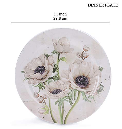 Purple Poppy Ceramic 12 pcs Dinnerware Set, Service for 4, Inclusive of 11 inch Dinner Plates, 8.75 inch Salad Plates and 35oz