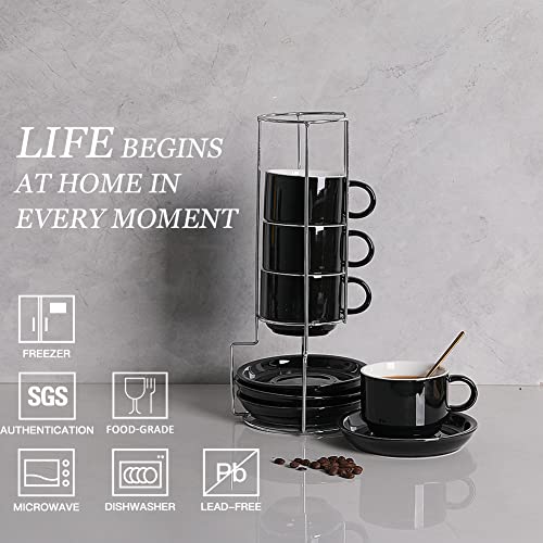 Ceramic Espresso Cups with Saucers, 4 Ounce Stackable Cappuccino Cups with Metal Stand for Coffee Drinks, Latte, Tea - Set of 4