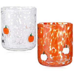 2 Pack Fall Icon Juice Glasses Pumpkin Glass Cups 14 oz Double Old Fashioned Stemless Wine Glasses Cute Glass Drinking Cups for