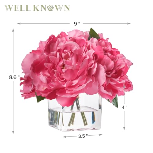 Artificial Peonies Flowers Arrangements in Cube Glass Vase, WELLKNOWN Silk Flower Centerpieces for Dining Room Table, Coffee