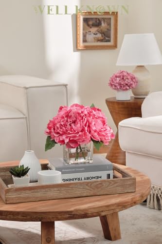 Artificial Peonies Flowers Arrangements in Cube Glass Vase, WELLKNOWN Silk Flower Centerpieces for Dining Room Table, Coffee