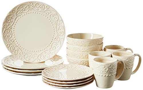 Bianca Casual Round Dinnerware Set – 16-Piece Stoneware Party Collection w/ 4 Dinner Salad Plates, 4 Bowls & 4 Mugs – Unique