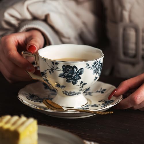 Tea Cups and Saucers Set of 2, Porcelain Coffee Cups, 6.8-Ounce Stackable Espresso Mugs, Ceramic Demitasse for Coffee, Latte,
