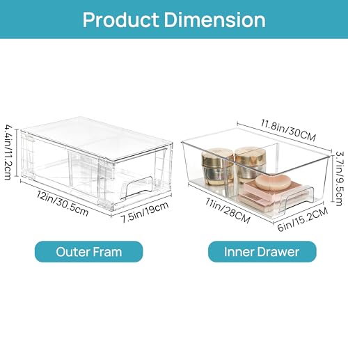 4 Pack Stackable Storage Drawers,Clear Acrylic Drawer Organizers with Handles, Easily Assemble for Fridge, Bathroom,Kitchen