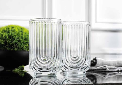 Drinking Glasses Set of 4. 17oz Vintage Ripple Cocktail Glasses, Ribbed Highball Glass Cups. Arch Designed Art Deco Glassware