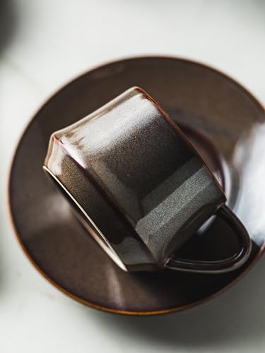 Espresso Cups 4 Oz, Porcelain Coffee Cups Set of 6 Espresso Cup with Saucers, Meatal Stand, and Stir Spoons, Brown Expresso