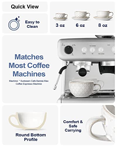 Cappuccino Cups with Saucers 6 oz, Ceramic Embossment Coffee Cup for Au Lait, Double shot, Latte, Cafe Mocha, Tea, Dishwasher