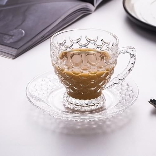 Glass Tea Cups and Saucers Set of 6 - Fish Scale Coffee Mugs - Teacups Set for Espresso Cappuccino Latte Tea - Dishwasher