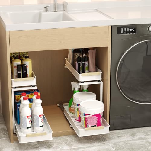 Under Sink Organizer 2 Pack - 2 Tiers Pull Out Cabinet Organizer for Kitchen or Bathroom, Slide Out Storage Shelf for Pantry,