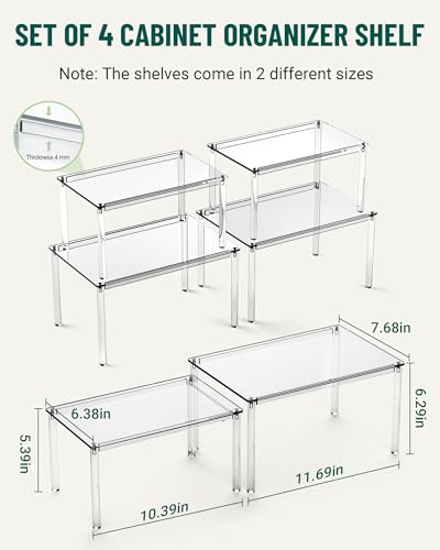 Acrylic Cabinet Organizer, Set of 4 Spice Rack Organizer for Cabinet, Desk Countertop Shelf Organizer, Pantry Kitchen Storage
