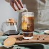 Iced Coffee Cups with Lids 4 Pcs - 16 OZ Glass Cups with Lids and Straws, Reusable Ice Coffee Tumbler, Clear Ribbed Drinking