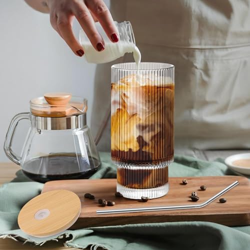 Iced Coffee Cups with Lids 4 Pcs - 16 OZ Glass Cups with Lids and Straws, Reusable Ice Coffee Tumbler, Clear Ribbed Drinking
