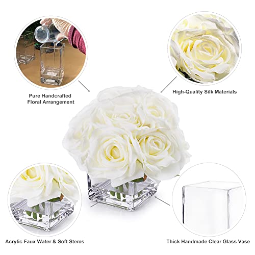 Rose Artificial Flowers in Vase, Fake Flowers Arrangements in Vase with Faux Water for Wedding, Dining Table (Cream)