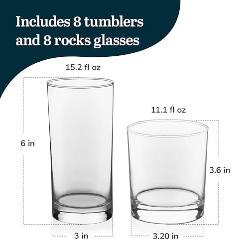 Province Tumbler and Rocks Glass Set, Elegant Drinkware Glasses Set, Tall Drinking Glasses with Modern Lines, Dishwasher Safe